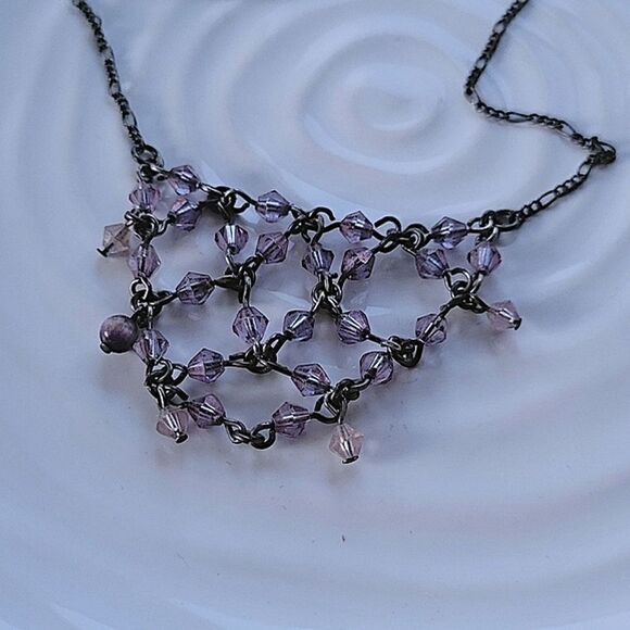 Purple beaded silver tone chain lattice necklace - Picture 6 of 6